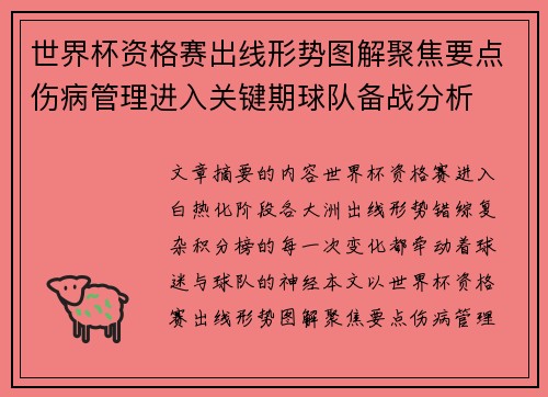 世界杯资格赛出线形势图解聚焦要点伤病管理进入关键期球队备战分析 世界杯资格赛出线形势图解聚焦要点伤病管理进入关键期球队备战分析